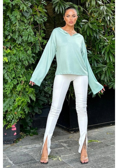 WeShaya Mint Katlama Kollu Pamuklu Bluz Mint