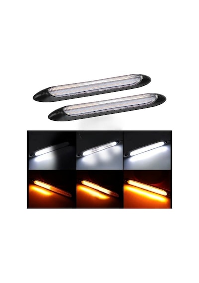 Selamlamalı Güçlü Işık Açılış Animasyonlu 12V Su Geçirmez Kayar Sinyalli Araba Gündüz Farı Drl Led Lamba Beyaz - Sarı 2 Adet 34.5 CM