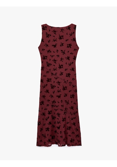Koton Kayık Yaka Kolsuz Slim Fit Tül Elbise Kahverengi Desenli 7wal80017ık