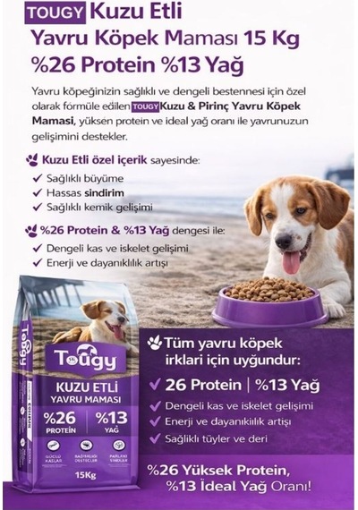 Tougy Kuzu Etli En İyi Yavru Köpek Maması 15 Kg %26 Protein %13 Yağ Hassas Sindirim,