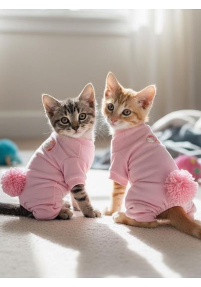 Tassel And Rainbow Soft Pink - Pastel Pembe Pamuklu Kedi Tulum Pijama