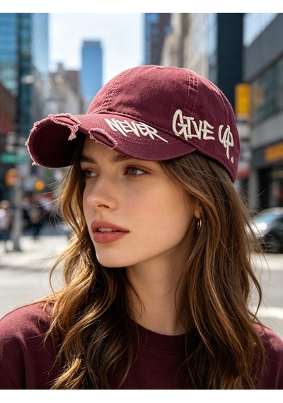 Valkyrie Unisex Bordo Never Give Up Nakışlı Baseball Şapka Ayarlanabilir Vintage Streetwear Spor Kep