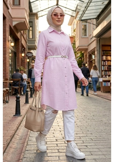 Hb Harma Time Butik Kadın Çizgi Desenli Kemerli Keten Pembe Gömlek Pembe Pembe