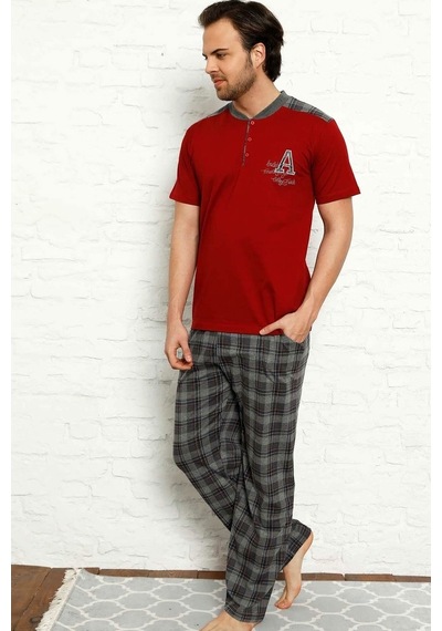Alimer Erkek Bordo Kısa Kollu Ekoseli Pijama Takımı 1153Kk-B