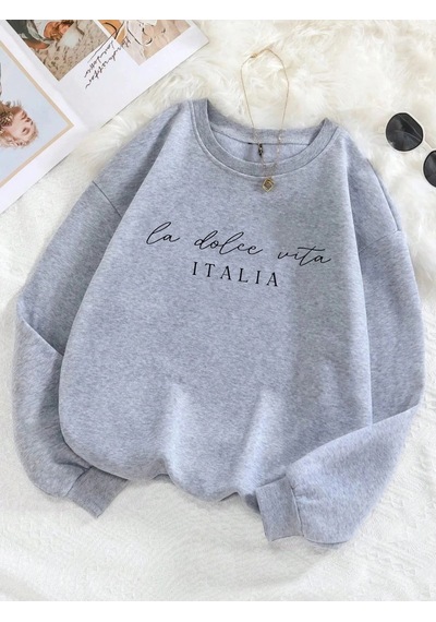 Startmore Tarzsokak La Dolce Vita Italia Baskılı Bayan Kazak Bisiklet Yaka Y2k Gevşek Giyim Çok Renkli Rahat Kaza Gri