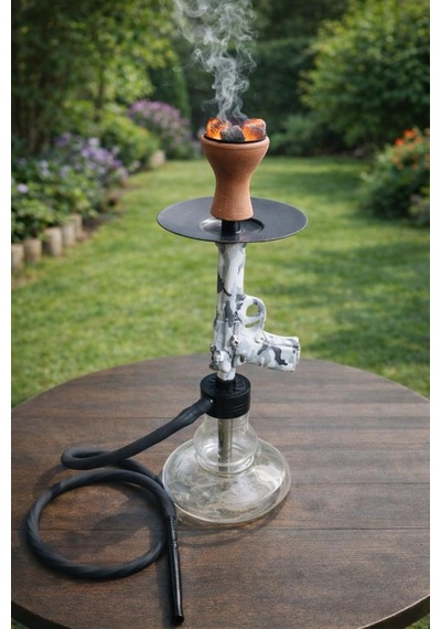 Modern Cam Nargile Takımı 55 Cm Şeffaf Taban 19 Cm Seramik Lüleli, Kalın Hortumlu Premium Nargile Seti