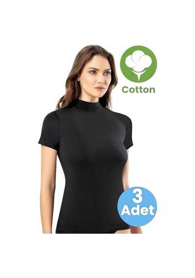 Tezzgelsin Kadın 3'lü Kısa Kol Yarım Boğazlı Atlet T-shirt Siyah
