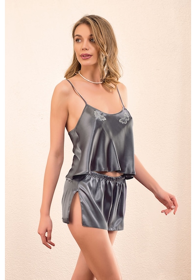 Cezbe Şık Ve Rahat Kelebek Işlemeli Gri Saten Pijama Takımı Gri