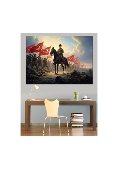 At Üstünde Bayraklı Türk Askeri Yağlı Boya Dokulu Kanvas Tablo Canvas Tablosu