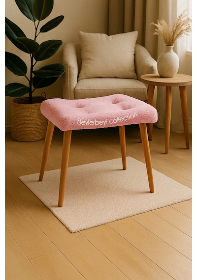 Makyaj Masası Pufu, Pembe Peluş Kumaş, Ayak Uzatmalık Puf, Dekoratif Puf Pembe
