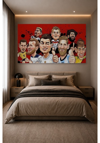 Tam Renk Futbolcu Karikatür Dekoratif Kanvas Duvar Tablosu Çok Renkli