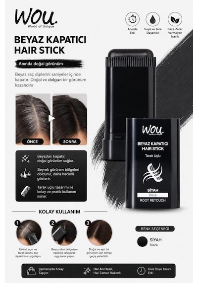 Wou Beyaz Kapatıcı Tarak Uçlu Hair Stick 15 Gr Siyah