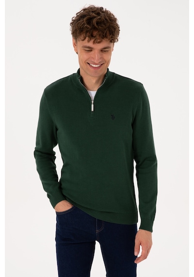 U.S. Polo Assn. Erkek Slim Fit Yarım Fermuarlı Koyu Yeşil Basic Kazak 50313695-VR079