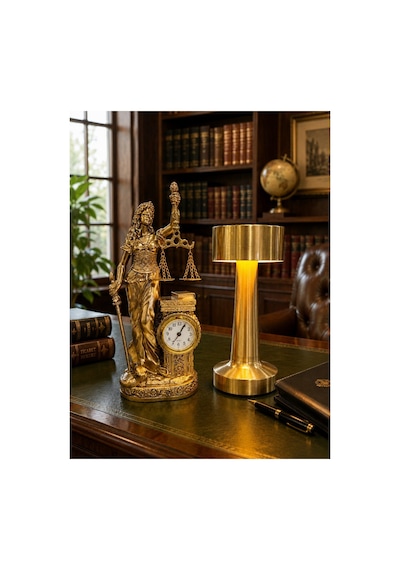 Terazili Adalet Tanrıçası Heykeli Saatli Polyester Biblo & 3 Mod Dokunmatik Şarjlı Gold Masa Lambası Çok Renkli