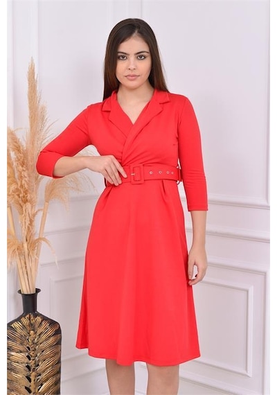 Dip Moda Kadın Kermerli Astarsız Krep Elbise Dpndbks016 Kırmızı