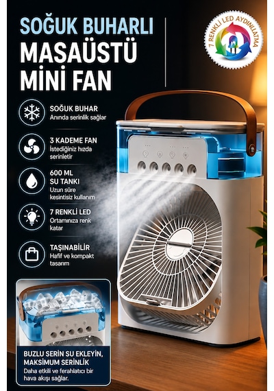 Exenar - Beyaz - Buharlı Serinletici Masaüstü Mini Fan Nemlendirici Led Işıklı Hava Soğutucu Vantilatör 600ml 3kademe
