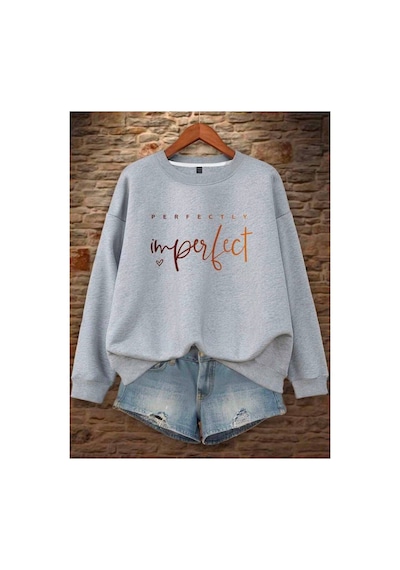 Herkesemoda Perfect Baskılı Gri 2 İplik Şardonlu Bisiklet Yaka Sweatshirt Gri