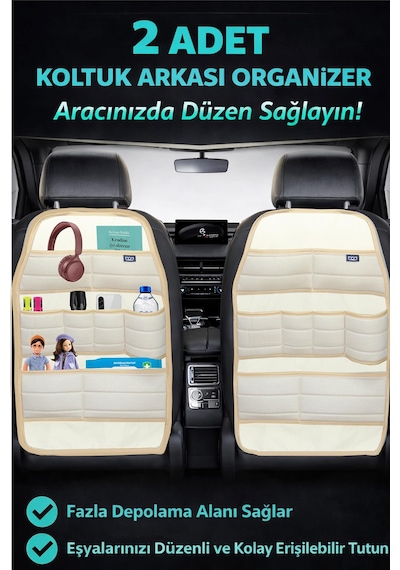 Bod Ecolux Serisi Araba Oto Koltuk Arkası Eşya Düzenleyici Araç İçi Organizer 2'li Set Bej