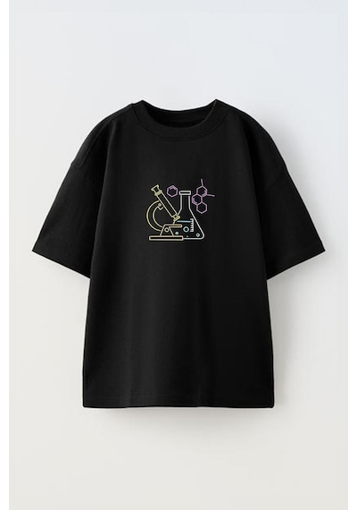 Thewert Unisex Deney Tupu Ve Mikroskop Tasarım Baskılı Pamuk Sıyah Oversize T-shirt Siyah