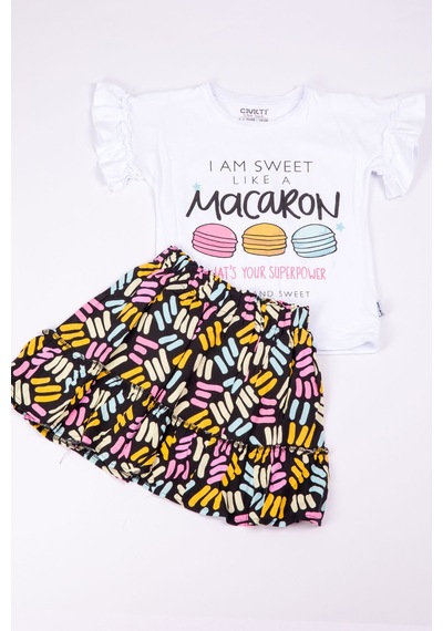 Hçm Kız Çocuk Tshirt Etek Takım Makaron Baskılı B23 Beyaz