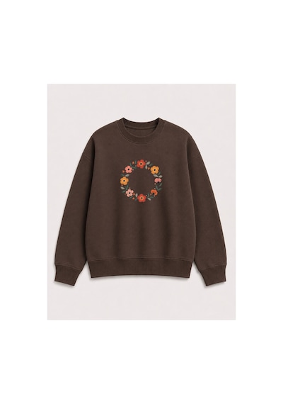 Herkesemoda Halka Çiçekler Baskı Detaylı Şardonlu 2 İplik Bisiklet Yaka Sweatshirt Kahverengi