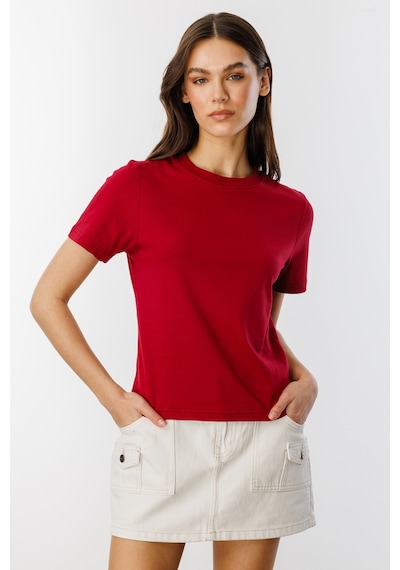 Kadın T-shirt Kısa Kollu Organik Pamuklu Bisiklet Yaka Crop T-shirt Kadın-t-shırt Bordo