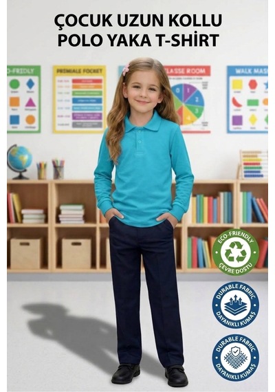 Erdem Kıds Unisex Kız Erkek Çocuk Polo Yaka Pamuklu Uzun Kol Turkuaz Günlük Basic Okul Tişört Turkuaz Mavi Turkuaz Mavi