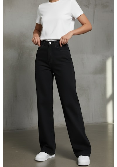 Woddi Heaven Kadın Yüksek Bel Siyah Salaş Wide Leg Jeans Geniş Paça Palazzo Kot Pantolon