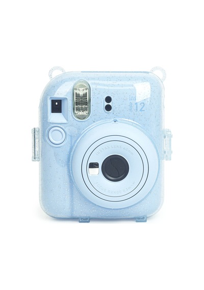 Fujifilm Instax Mini 12 Fotoğraf Makinesi + 20'li Film + Kıskaçlı Resim Standı + Simli Pleksi Kılıf Seti Mavi