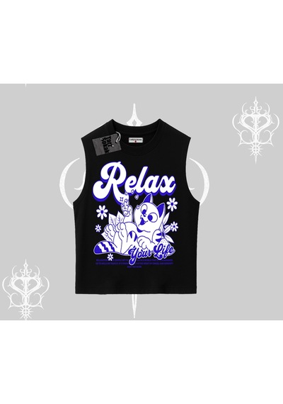 Tarzsokak Relax Kedi Baskılı Kolsuz Tshirt Siyah