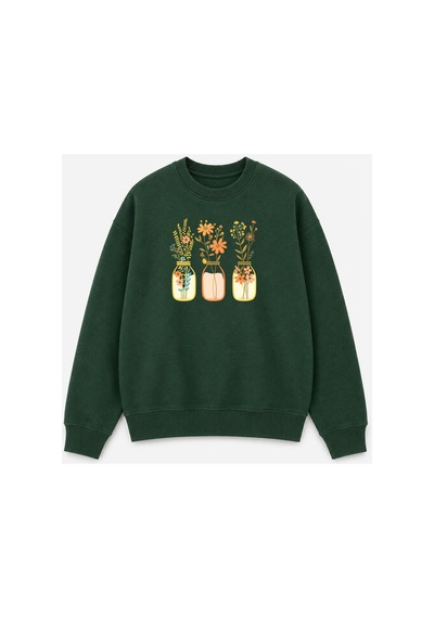 Herkesemoda Kavanoz Çiçek Baskı Detaylı Şardonlu 2 İplik Bisiklet Yaka Sweatshirt Yeşil
