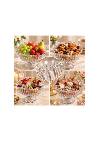 Premium Kalp Detaylı Ayaklı Cam Meyvelik 19,5 Cm Dekoratif Sunumluk Salata Kuruyemiş Çerez Servis Kasesi