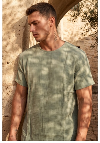 Combattente Exclusive Products Kısa Kol Oversize Müslin Erkek Tshirt - 2026 Erkek Tişört Kreasyonu Çağla Yeşili