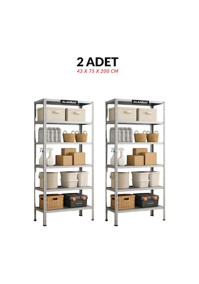 Çelik Raf 6 Katlı 2'li 43x93x200 Raf Sistemi, Depo Rafı, Arşiv Rafı, Kiler Rafı, Çok Amaçlı Raf Gri