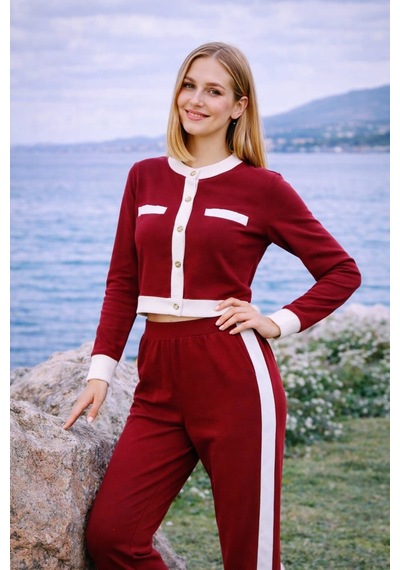Şerit Detaylı Düğmeli Üst Pantolon 2 Li Kadın Takım Spor Şık Bordo