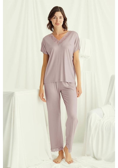 Monamise 18486 Kadın V Yaka Kısa Kollu Pijama Takımı-vizon Vizon