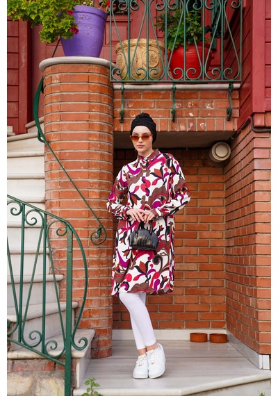 Polologin Butik Fuşya Renkli Soyut Desenli Uzun Tunik Pembe