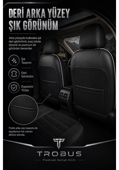 Nova Serisi Tay Tüyü Bel Destekli Siyah Beyaz Premium Üniversal Koltuk Kılıfı Tam Set