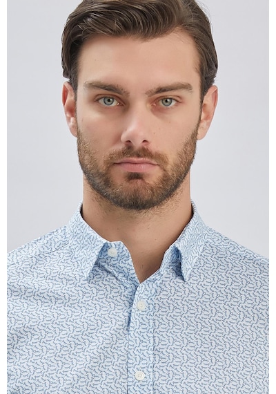 İmza Mavi Kısalabilir Kol Baskılı Düğmeli Yaka Cepsiz %97 Pamuk %3 Elastane Klasik Slim Fit Gömlek 1004240116-mavi Mavi