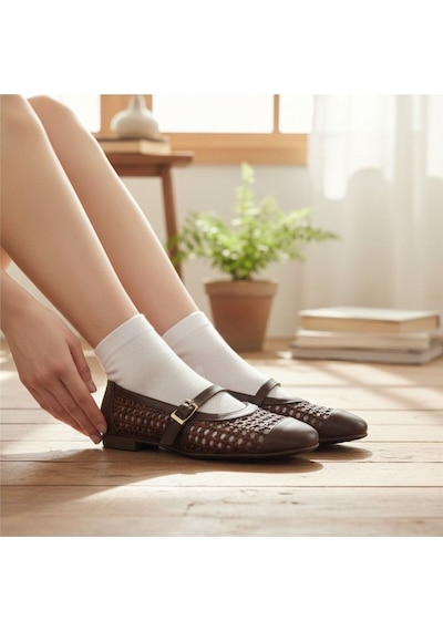Ne&ve Shoes Kahve Deri Biye Örgü Detaylı Tokalı Kadın Babet Kahverengi
