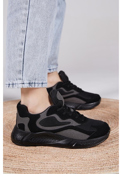 Tonny Black Rahat Kalıp Yüksek Taban Bağcıklı Unisex Siyah Spor Ayakkabı V2901-0 Siyah