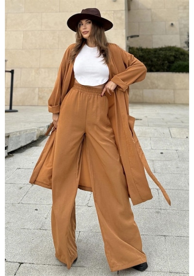 WeShaya Kadın Taba Çift Cepli Uzun Kimono & Bol Paça Pantolon - Salaş Alt & Üst Takım Taba