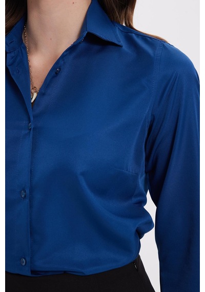 Tudors Kadın Slim Fit Dar Kesim Vücuda Oturan Uzun Kollu Lacivert Basic Gömlek-38823
