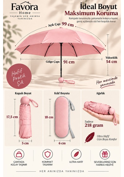 Favora Rainbox Kapsül Şemsiye - Kutulu Mini Katlanır Çanta Boy Şemsiye Pudra Pembesi