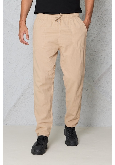 Blayn Jeans Erkek Haki Jogger Pantolon Beli Lastikli Bağcıklı %100 Pamuk Keten Baggy Rahat Günlük Pantolon Bej
