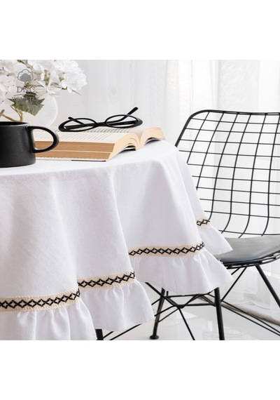 Dnc Home Tekstil Premium Keten Beyaz Fırfırlı Özel Seri Masa Örtüsü Beyaz
