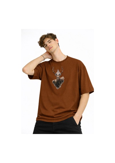 Misa Tahtakale Deer - Oversize Erkek Tişört Kahve Çok Renkli