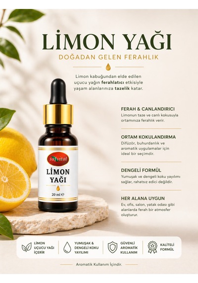 Limon Yağı 20 Ml Aromatik Yağ Ferahlatıcı Koku Difüzör Buhurdanlık Kullanımı Premium