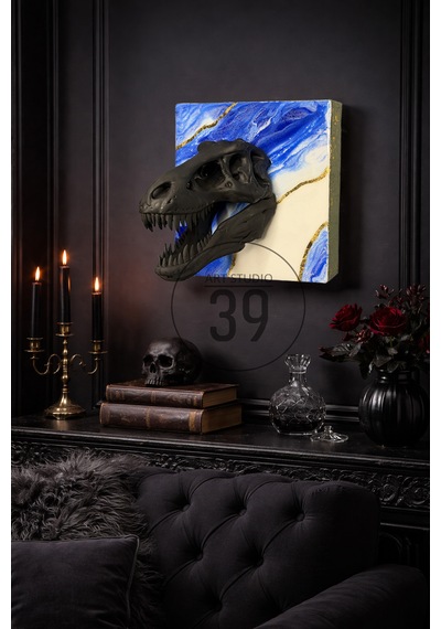 3d T-rex Kafatası Altın Varaklı Geode Epoksi Duvar Tablosu, El Yapımı Heykelsi Sanat Eseri, 25 25 Cm, Statement Tasarım 25 x 25