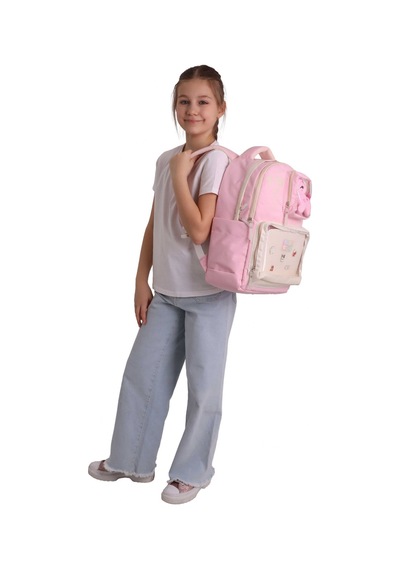 Calacilo Dört Bölmeli Peluşlu K-pop Pink Pembe Peluş Aksesuarlı Pembe Kız Çocuk İlkokul Sırt Çantası - C4107